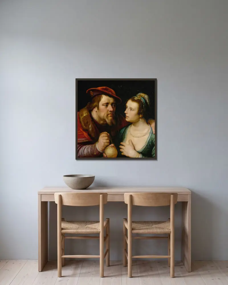 The Unequal Lovers, 1619 – nr 2 av Cornelis Cornelisz Van Haarlem inramad på en vägg
