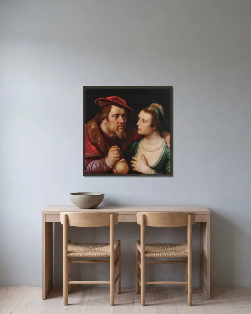 The Unequal Lovers, 1619 – nr 1 av Cornelis Cornelisz Van Haarlem inramad på en vägg