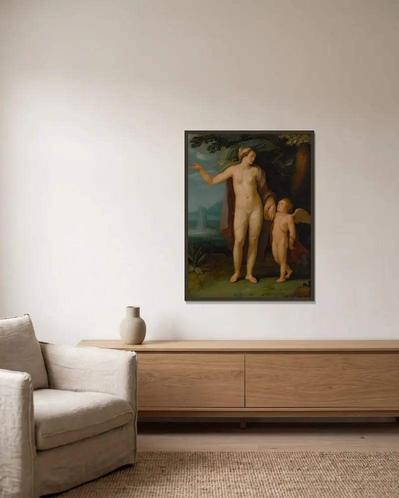 Venus and Cupid in a landscape av Cornelis Cornelisz Van Haarlem inramad på en vägg