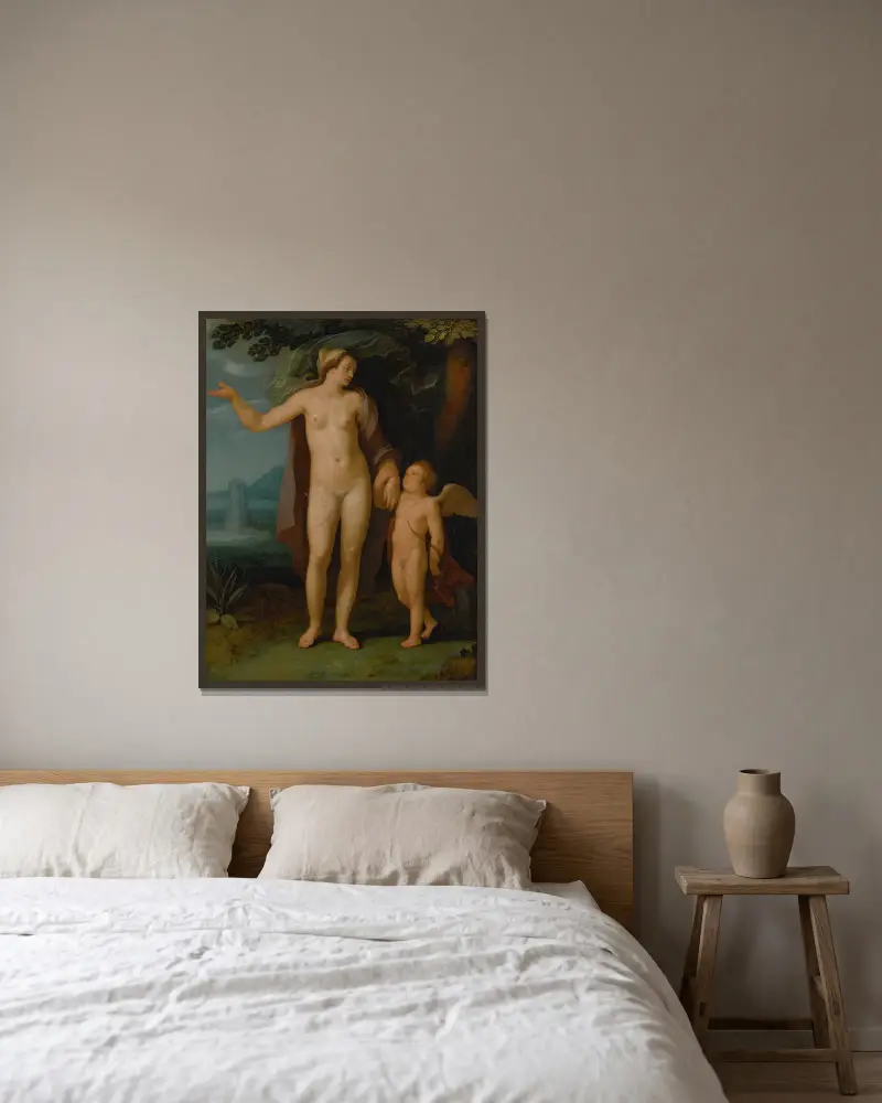 Venus and Cupid in a landscape av Cornelis Cornelisz Van Haarlem inramad på en vägg