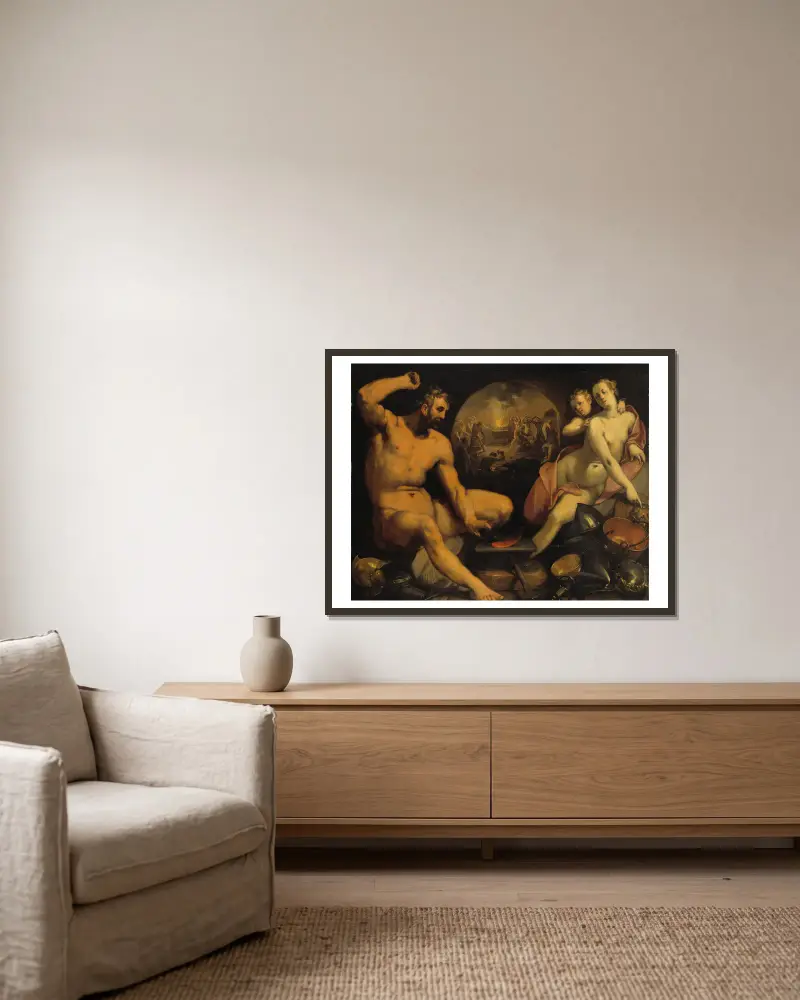 Venus und Vulkan von Cornelis Cornelisz Van Haarlem gerahmt an einer Wand
