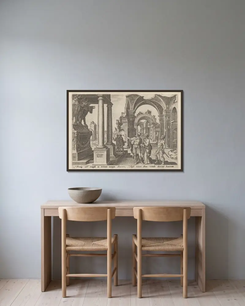 Jehu som tillber guldkalvarna av Maarten Van Heemskerck inramad på en vägg