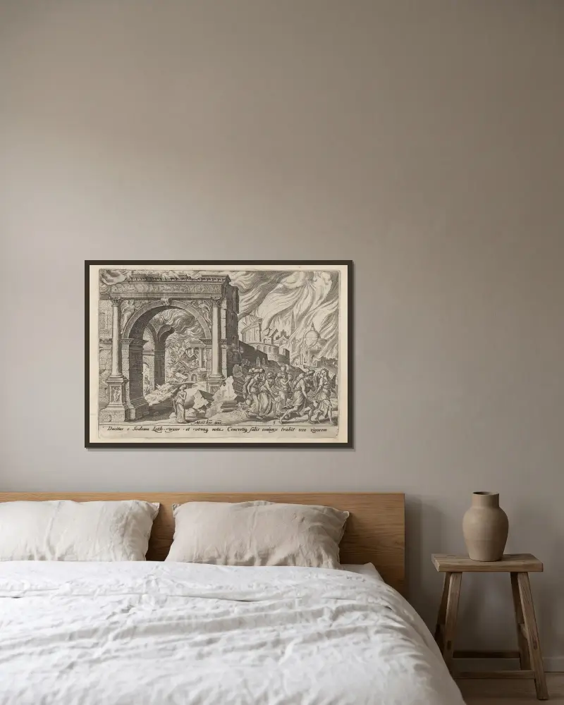 Lot und seine Familie verlassen das brennende Sodom von Maarten Van Heemskerck gerahmt an einer Wand