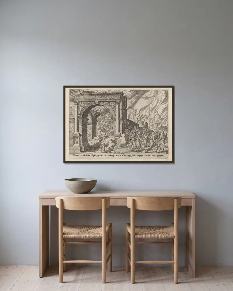 Lot und seine Familie verlassen das brennende Sodom von Maarten Van Heemskerck gerahmt an einer Wand