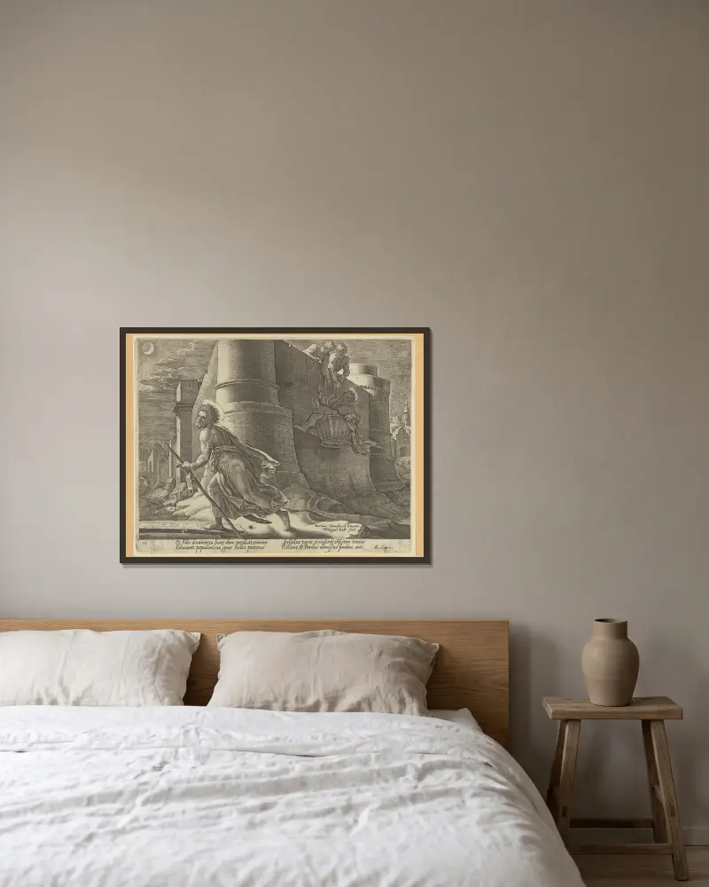 Paulus flyr från Damaskus om natten av Maarten Van Heemskerck inramad på en vägg