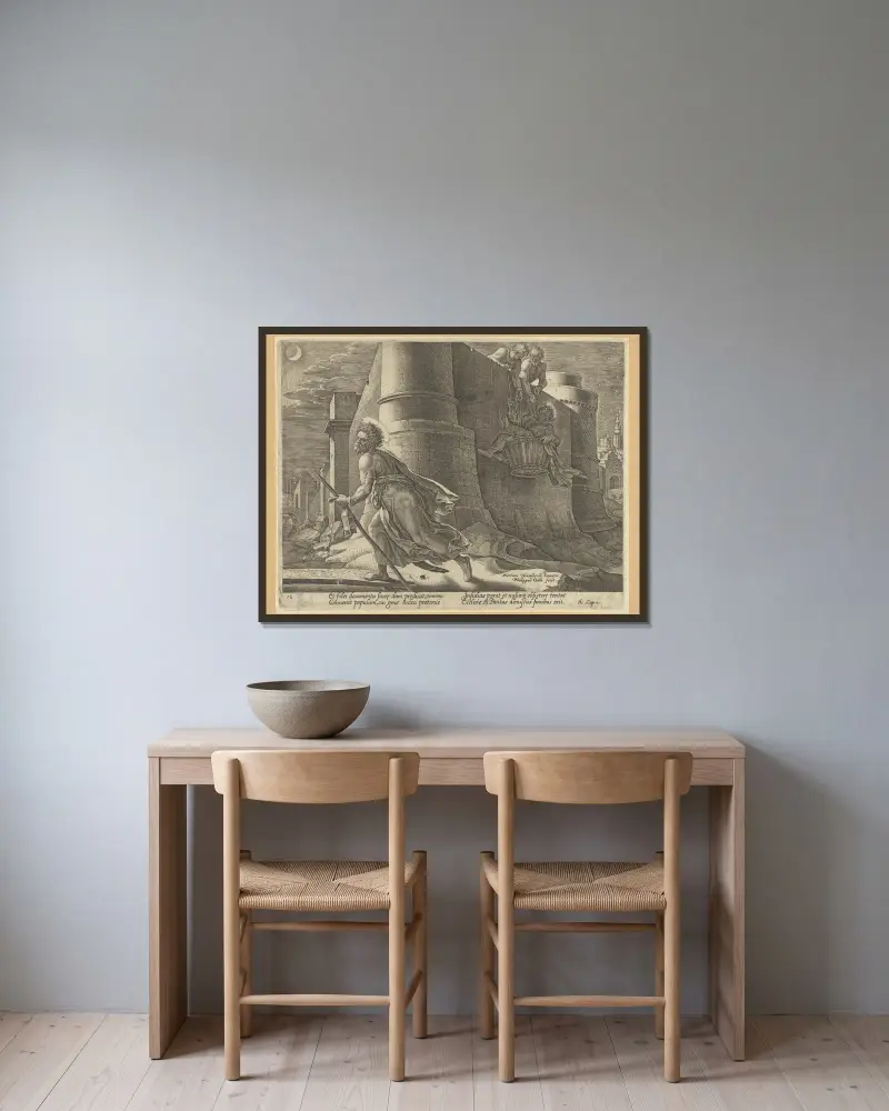 Paulus flyr från Damaskus om natten av Maarten Van Heemskerck inramad på en vägg