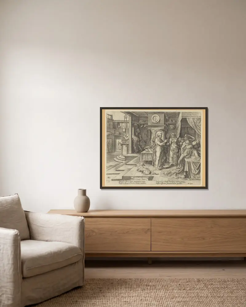 Der heilige Petrus heilt Aeneas in Lydda von Maarten Van Heemskerck gerahmt an einer Wand