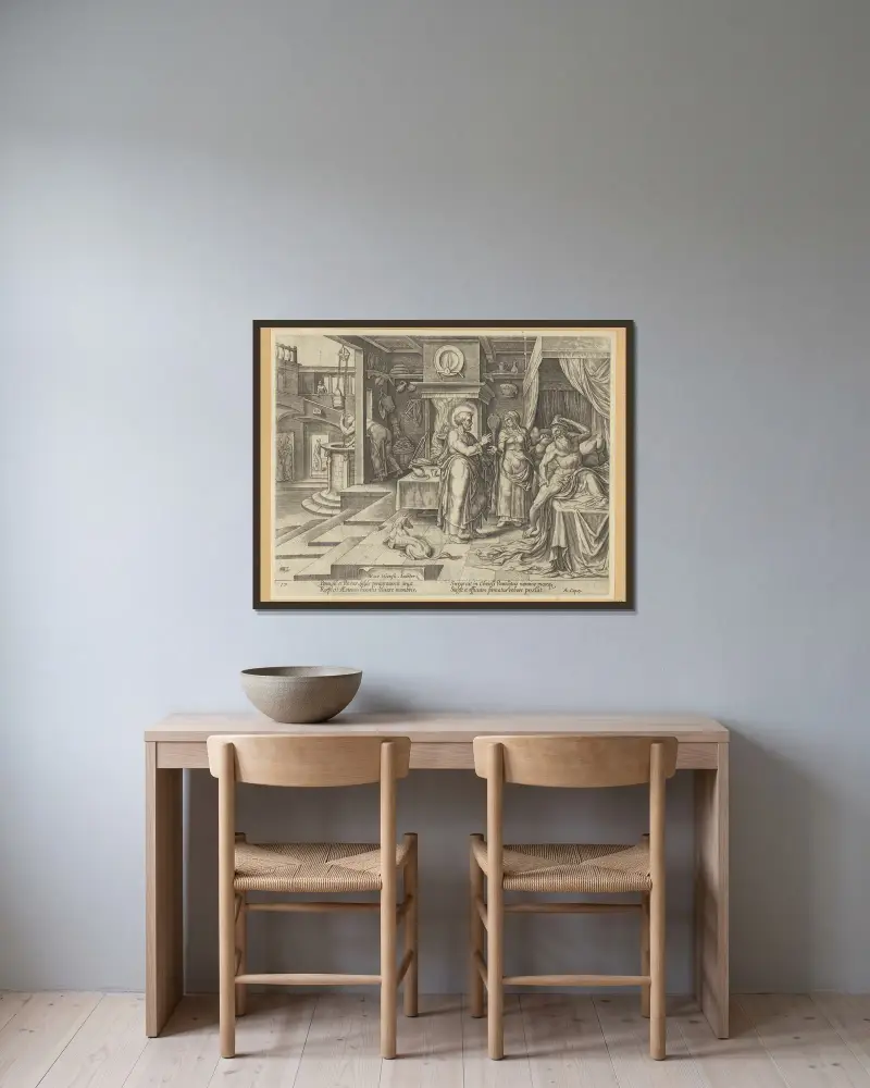 Der heilige Petrus heilt Aeneas in Lydda von Maarten Van Heemskerck gerahmt an einer Wand