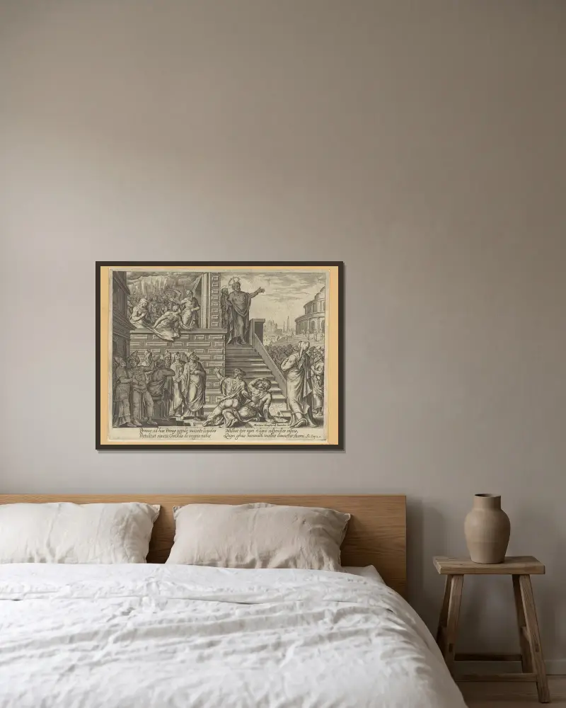 Petrus predigt in Jerusalem von Maarten Van Heemskerck gerahmt an einer Wand