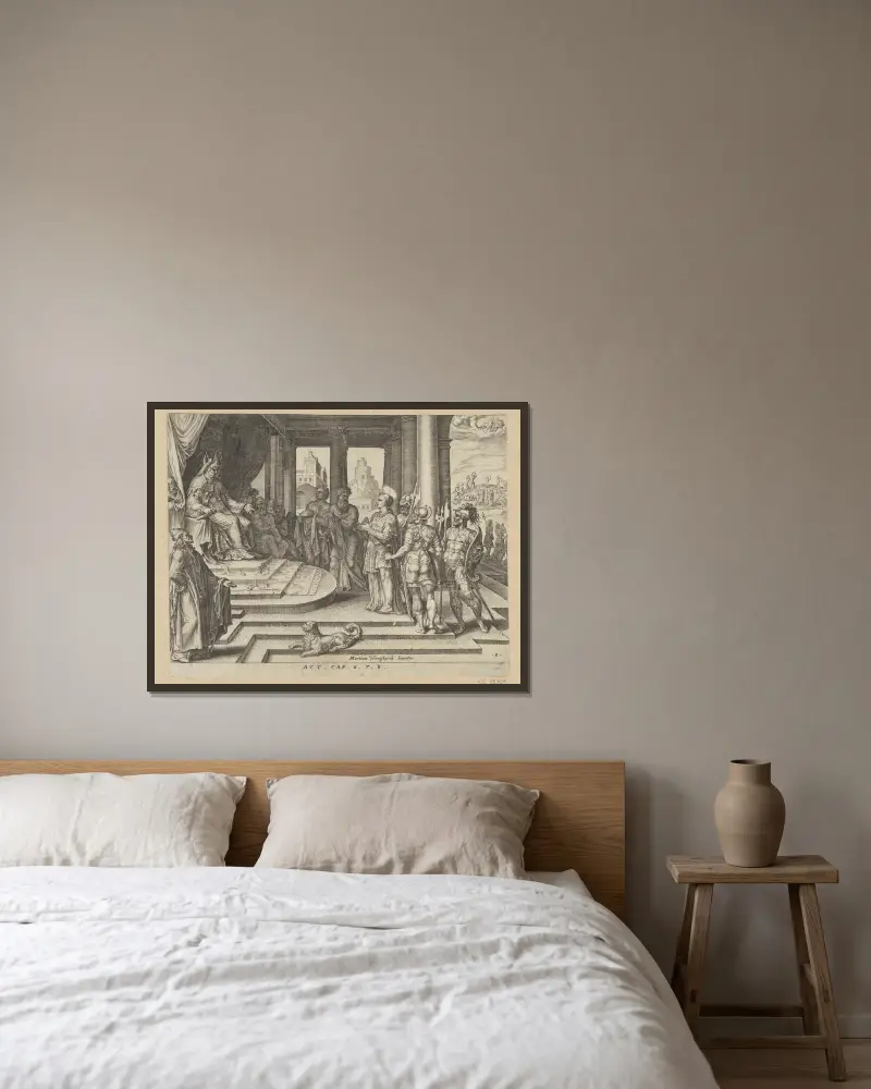 Stephanus vor dem Hohenpriester und dem Rat – Nr. 2 von Maarten Van Heemskerck gerahmt an einer Wand