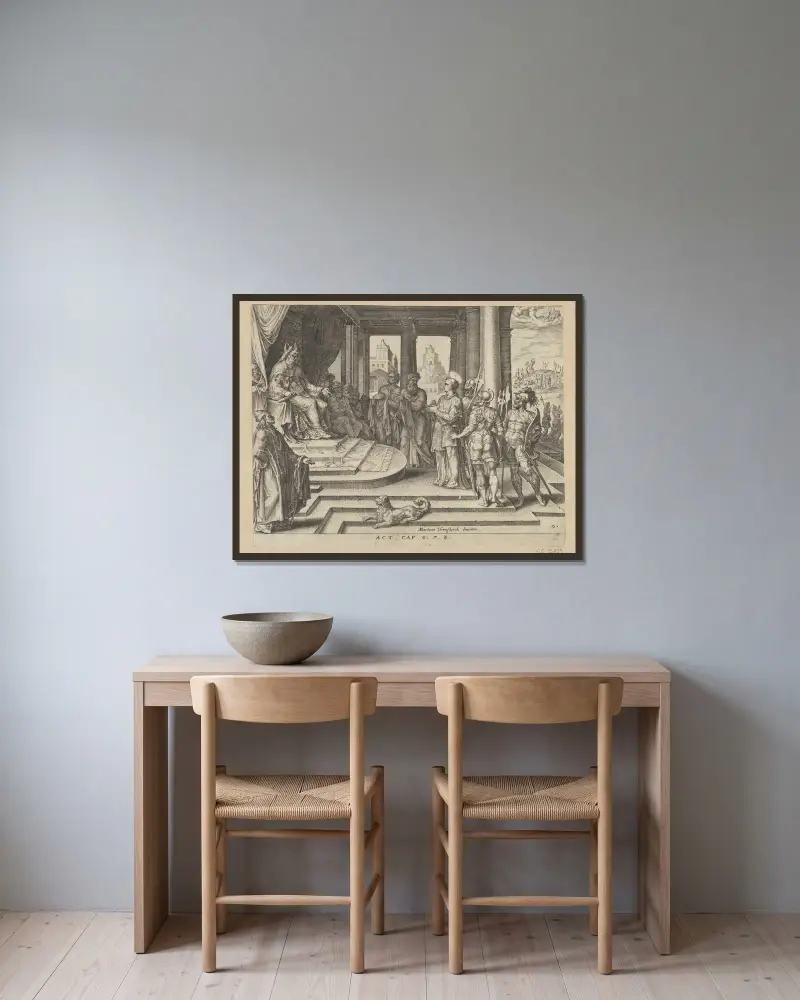 Stephanus vor dem Hohenpriester und dem Rat – Nr. 2 von Maarten Van Heemskerck gerahmt an einer Wand