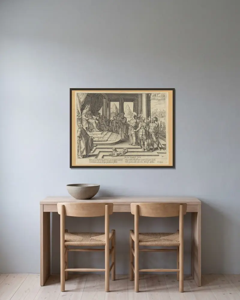 Der heilige Stephanus vor dem Hohenpriester und dem Rat, Nr. 1 von Maarten Van Heemskerck gerahmt an einer Wand