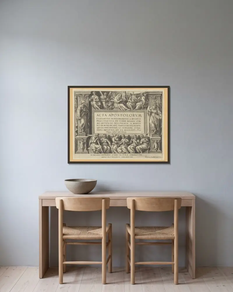 Apostlagärningarnas titelsida av Maarten Van Heemskerck inramad på en vägg