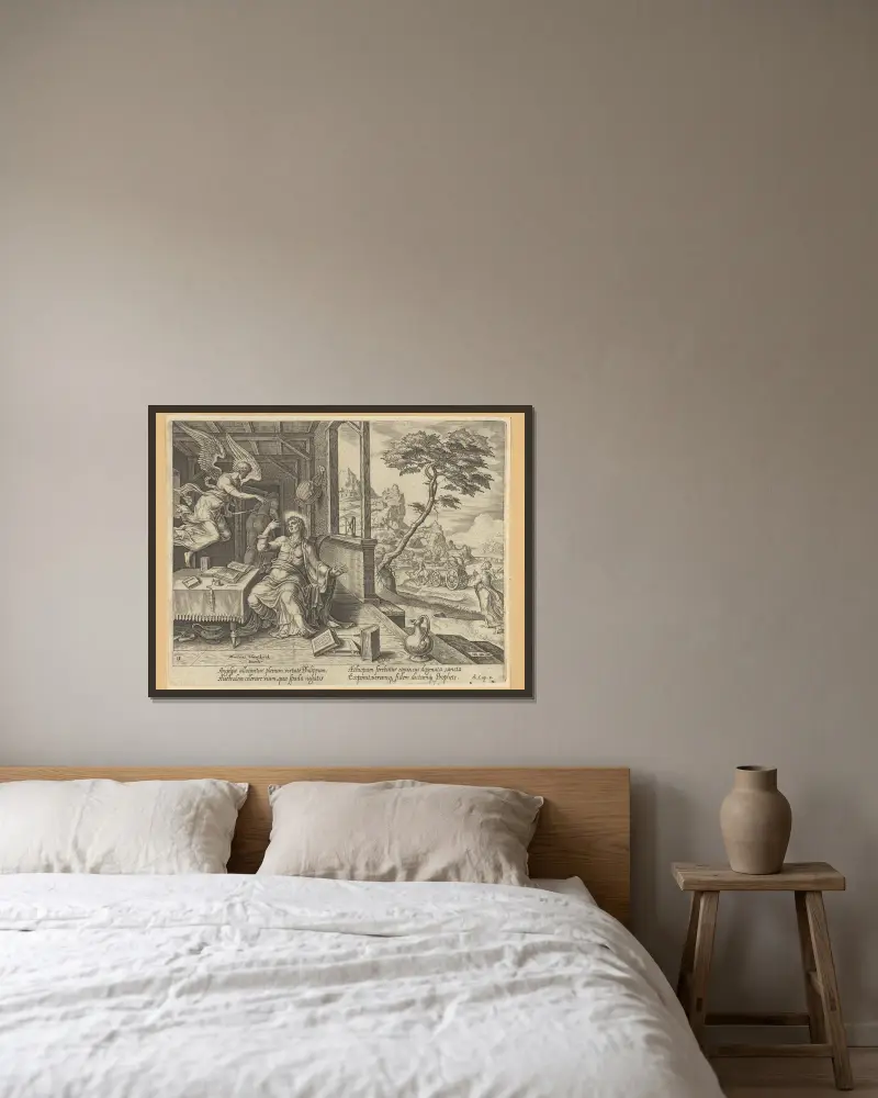Ängeln som uppenbarar sig för den helige Filippos av Maarten Van Heemskerck inramad på en vägg