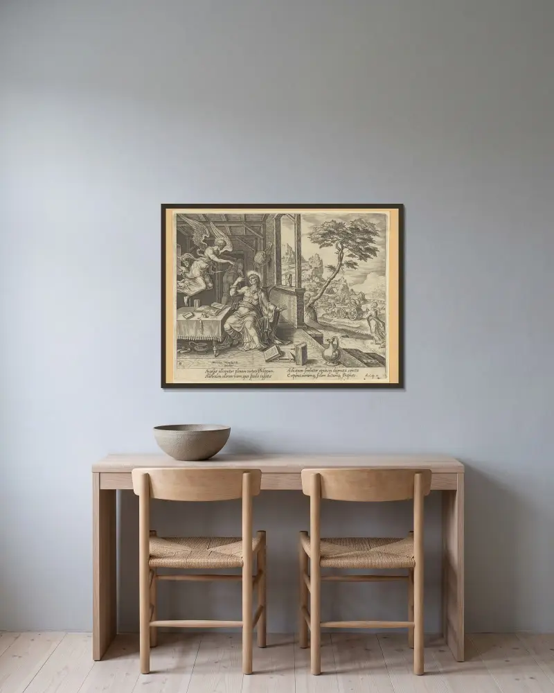 Ängeln som uppenbarar sig för den helige Filippos av Maarten Van Heemskerck inramad på en vägg