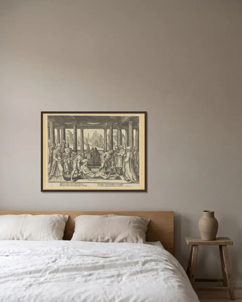 Die Bestattung des heiligen Stephanus von Maarten Van Heemskerck gerahmt an einer Wand