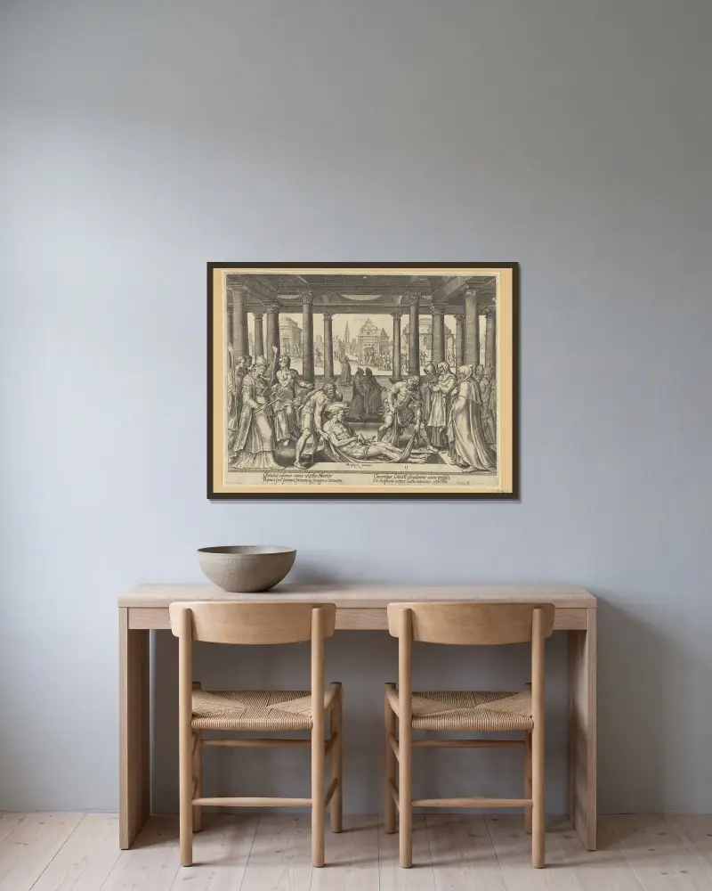 Die Bestattung des heiligen Stephanus von Maarten Van Heemskerck gerahmt an einer Wand