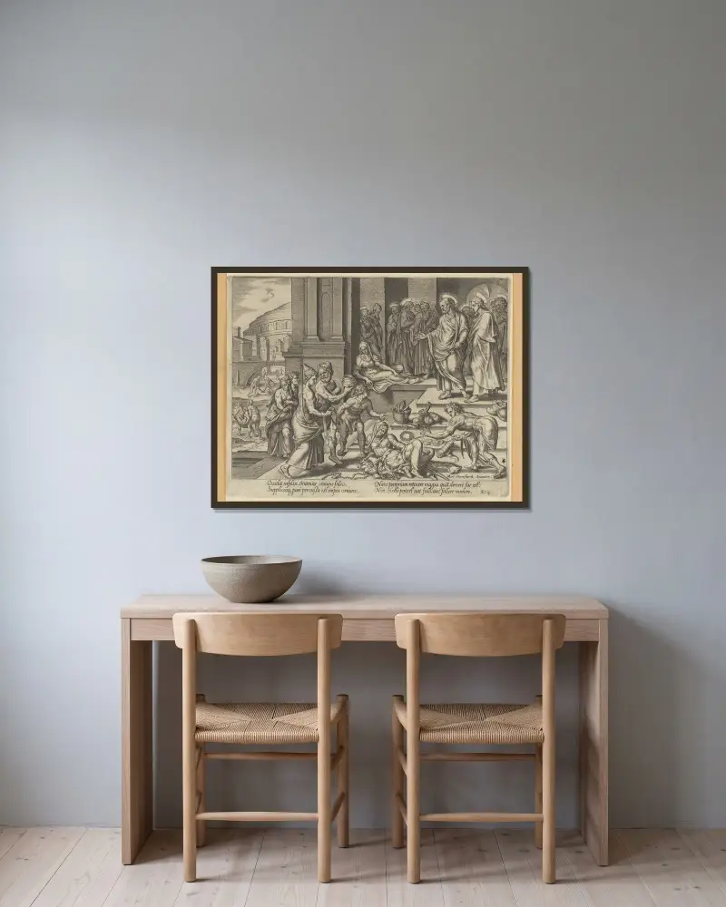Sapphiras död av Maarten Van Heemskerck inramad på en vägg