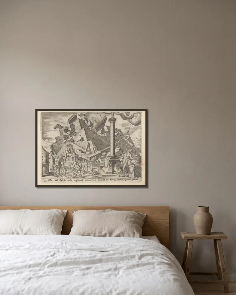 Babels torns förstörelse och folkens spridning av Maarten Van Heemskerck inramad på en vägg
