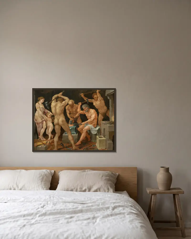 Venus och Amor i Vulkans smedja av Maarten Van Heemskerck inramad på en vägg