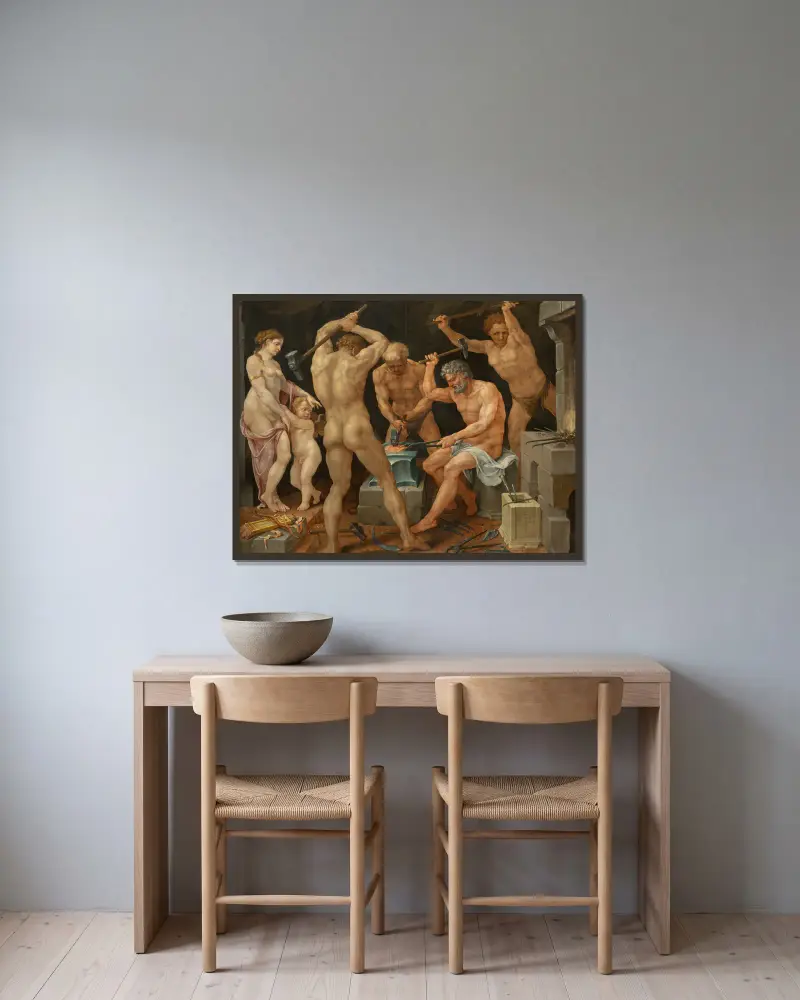 Venus och Amor i Vulkans smedja av Maarten Van Heemskerck inramad på en vägg