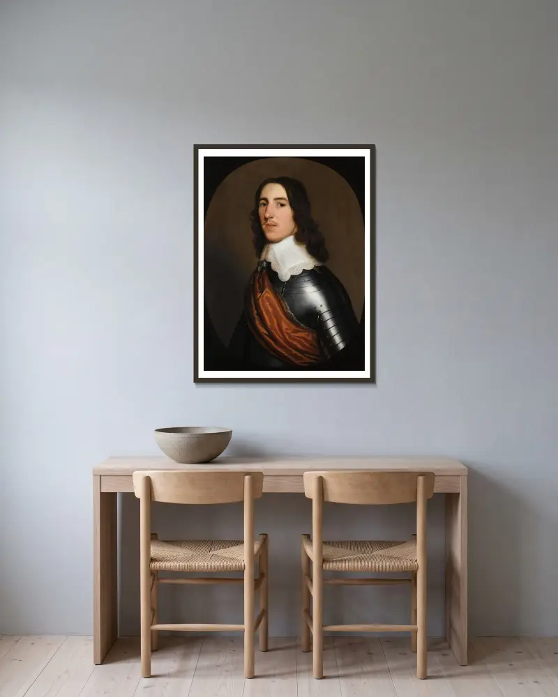 Porträt eines Edelmanns, Halbfigur, vermutlich Sir Thomas Ogle, in Rüstung mit weißem Kragen und orangefarbener Schärpe von Gerard van Honthorst gerahmt an einer Wand