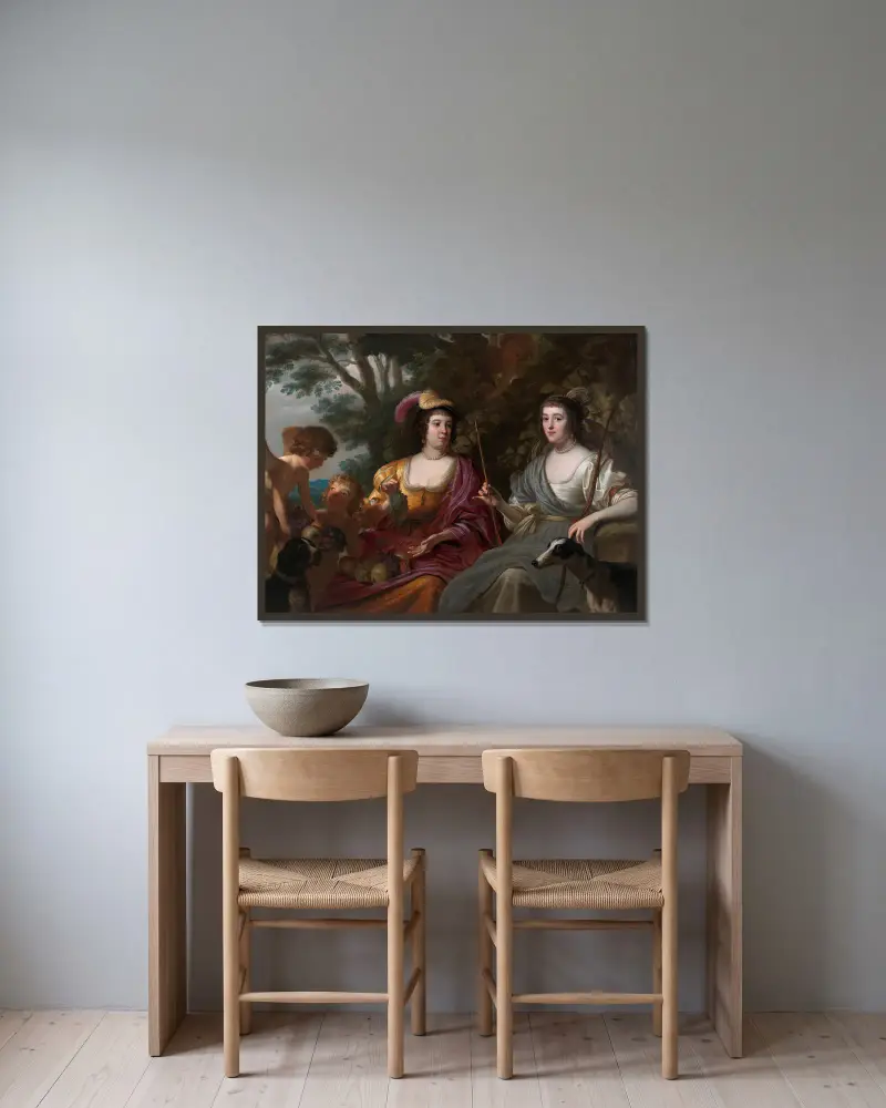 Dubbelporträtt av Amalia van Solms och Charlotte de La Trémoïlle av Gerard van Honthorst inramad på en vägg