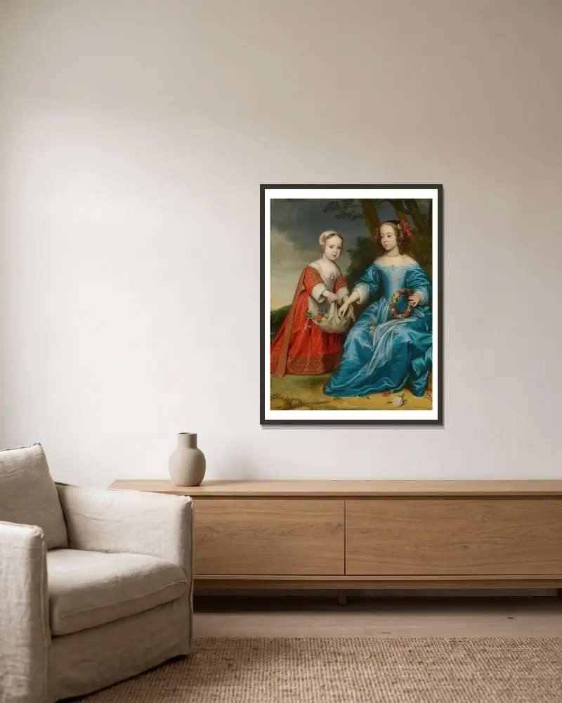 Dubbelporträtt av prins Vilhelm III (1650–1702) och hans faster Maria, prinsessa av Oranien (1642–1688), som barn av Gerard van Honthorst inramad på en vägg