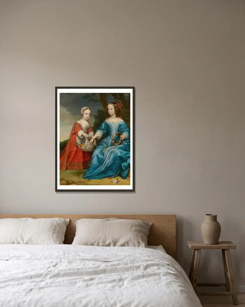 Dubbelporträtt av prins Vilhelm III (1650–1702) och hans faster Maria, prinsessa av Oranien (1642–1688), som barn av Gerard van Honthorst inramad på en vägg