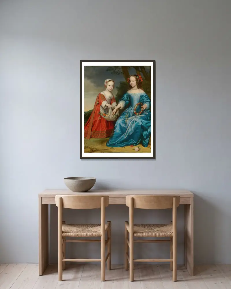 Dubbelporträtt av prins Vilhelm III (1650–1702) och hans faster Maria, prinsessa av Oranien (1642–1688), som barn av Gerard van Honthorst inramad på en vägg