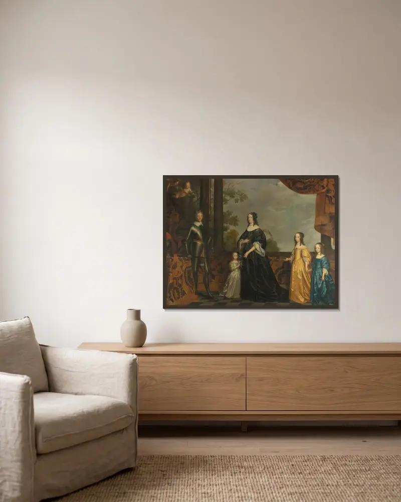 Friedrich Heinrich, seine Gemahlin Amalia von Solms und ihre drei jüngsten Töchter von Gerard van Honthorst gerahmt an einer Wand