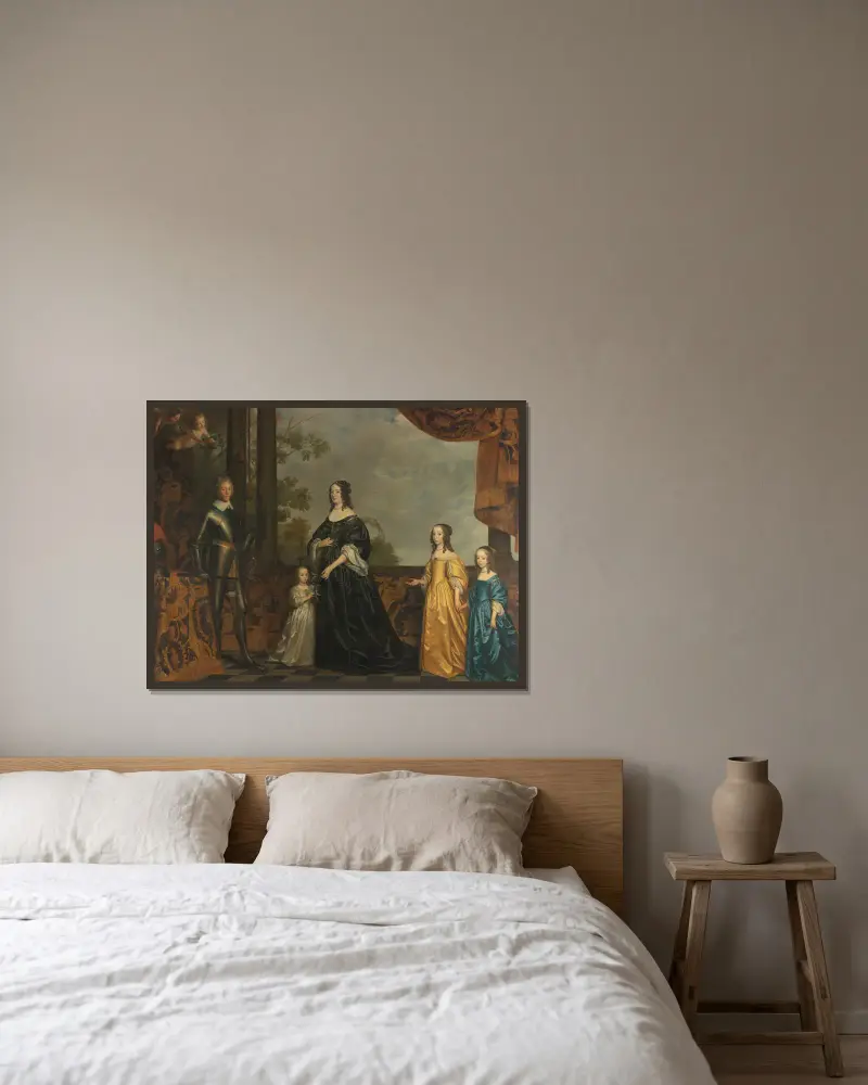 Friedrich Heinrich, seine Gemahlin Amalia von Solms und ihre drei jüngsten Töchter von Gerard van Honthorst gerahmt an einer Wand
