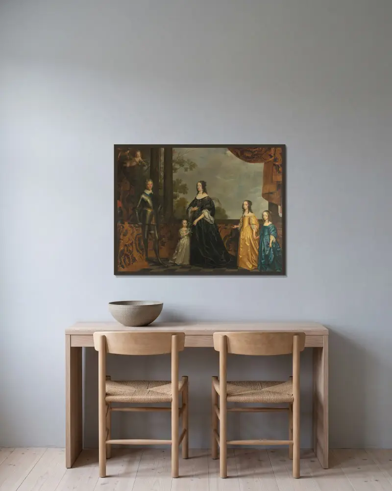 Friedrich Heinrich, seine Gemahlin Amalia von Solms und ihre drei jüngsten Töchter von Gerard van Honthorst gerahmt an einer Wand