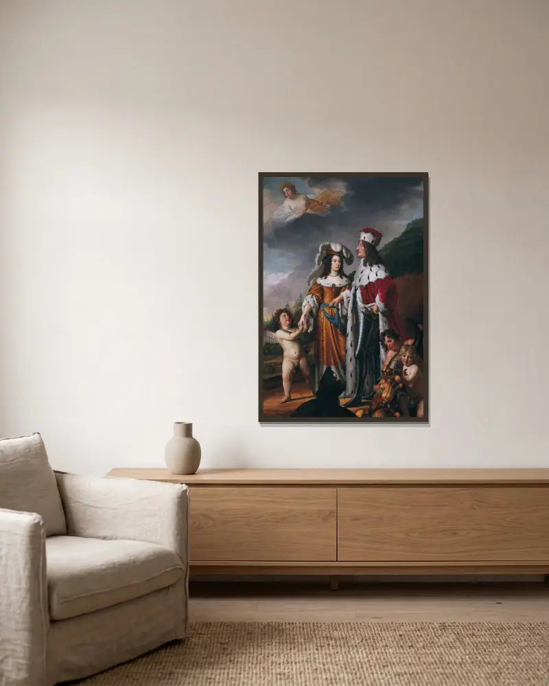 Louise Henriette leder Fredrik Vilhelm, kurfurste av Brandenburg, till sina föräldrar av Gerard van Honthorst inramad på en vägg