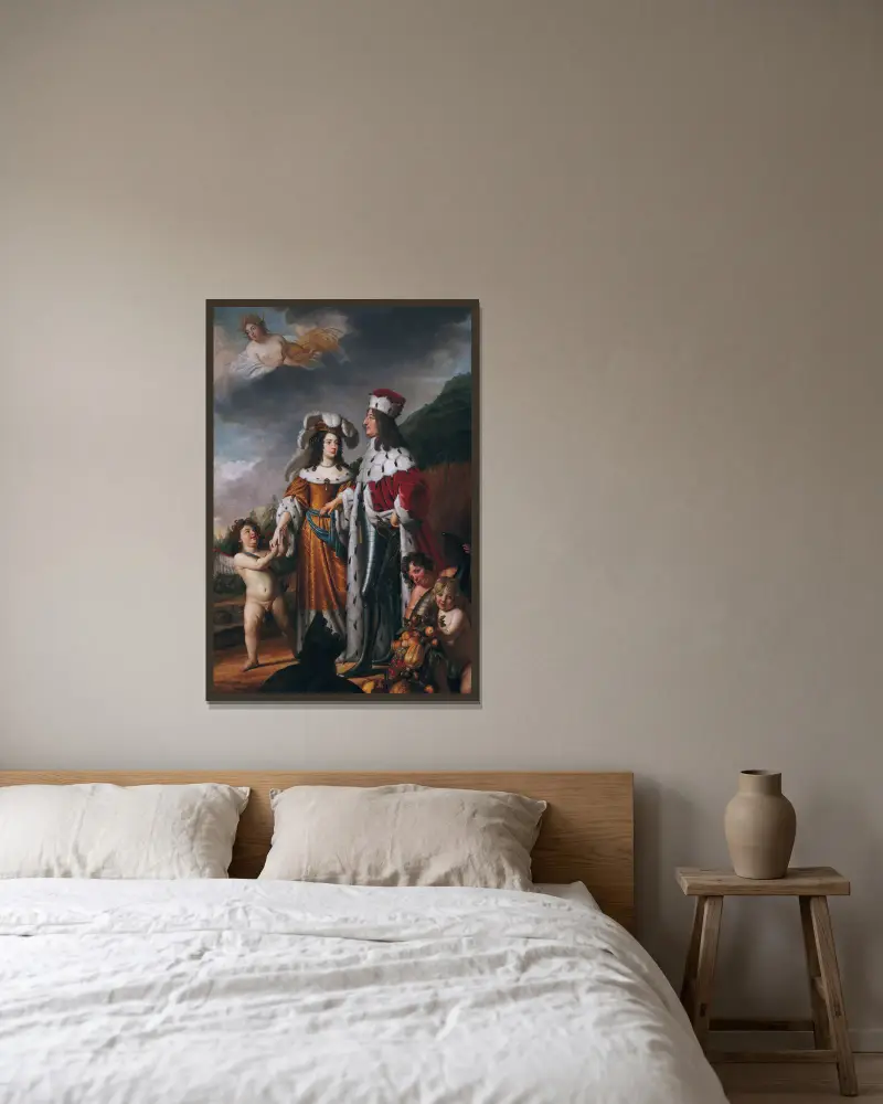 Louise Henriette leder Fredrik Vilhelm, kurfurste av Brandenburg, till sina föräldrar av Gerard van Honthorst inramad på en vägg