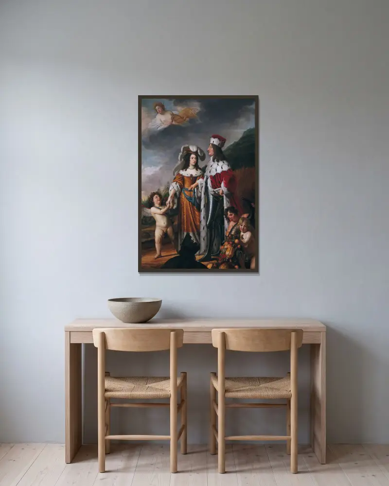 Louise Henriette leder Fredrik Vilhelm, kurfurste av Brandenburg, till sina föräldrar av Gerard van Honthorst inramad på en vägg