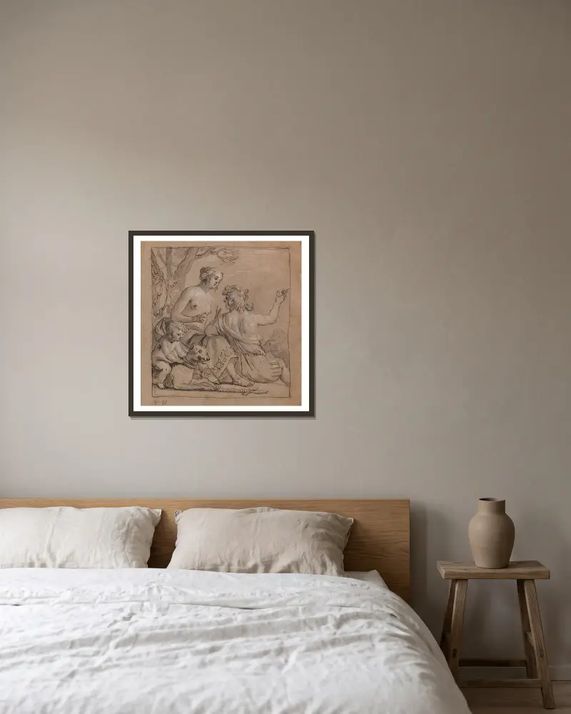Mars och Venus i ett landskap med Eros ridande på en hund av Gerard van Honthorst inramad på en vägg