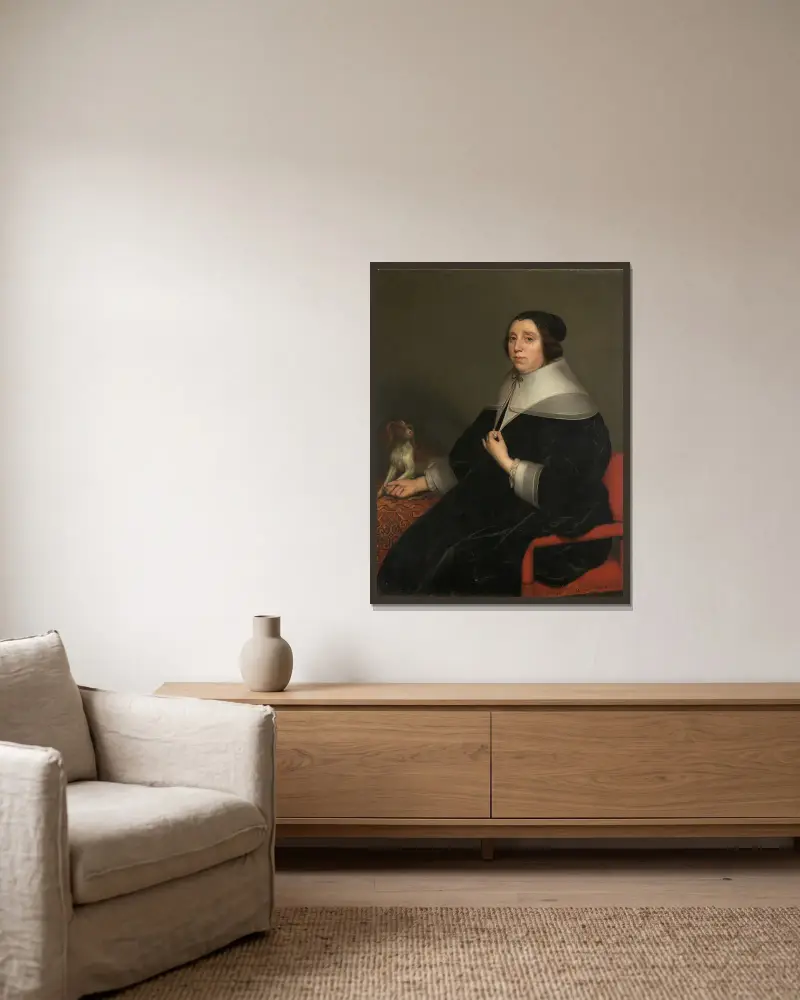 Porträtt av en kvinna av Gerard van Honthorst inramad på en vägg