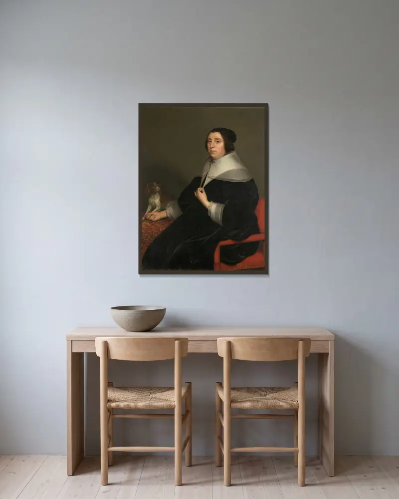 Porträtt av en kvinna av Gerard van Honthorst inramad på en vägg