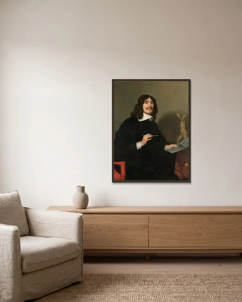 Porträtt av en konstnär av Gerard van Honthorst inramad på en vägg