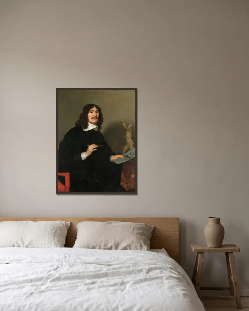 Porträtt av en konstnär av Gerard van Honthorst inramad på en vägg