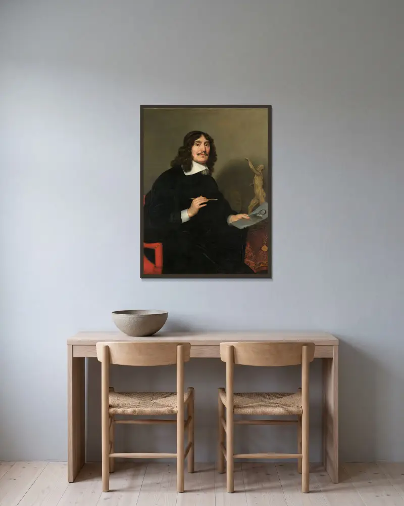 Porträtt av en konstnär av Gerard van Honthorst inramad på en vägg