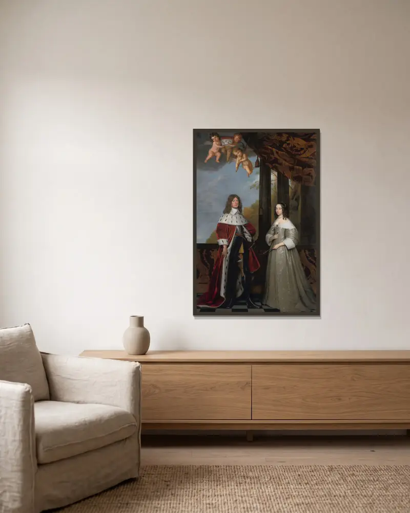Porträtt av Friedrich Wilhelm, kurfurste av Brandenburg, och hans hustru Louise Henriette, grevinna av Oranien-Nassau av Gerard van Honthorst inramad på en vägg
