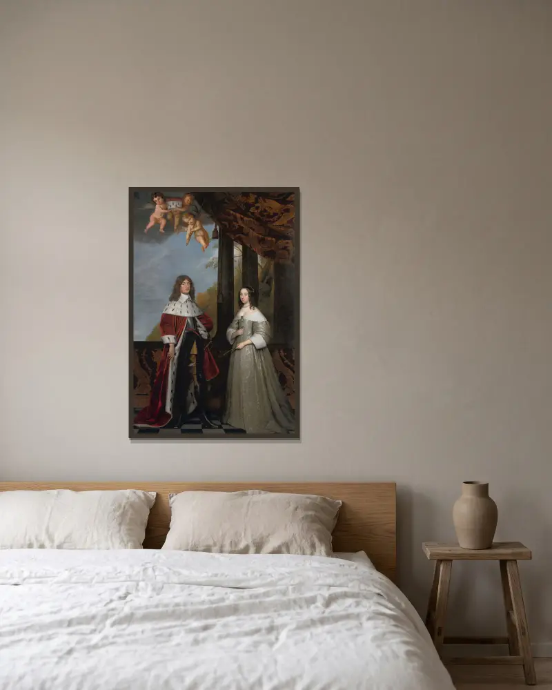 Porträtt av Friedrich Wilhelm, kurfurste av Brandenburg, och hans hustru Louise Henriette, grevinna av Oranien-Nassau av Gerard van Honthorst inramad på en vägg