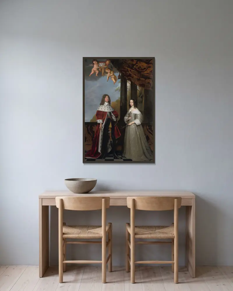 Porträtt av Friedrich Wilhelm, kurfurste av Brandenburg, och hans hustru Louise Henriette, grevinna av Oranien-Nassau av Gerard van Honthorst inramad på en vägg