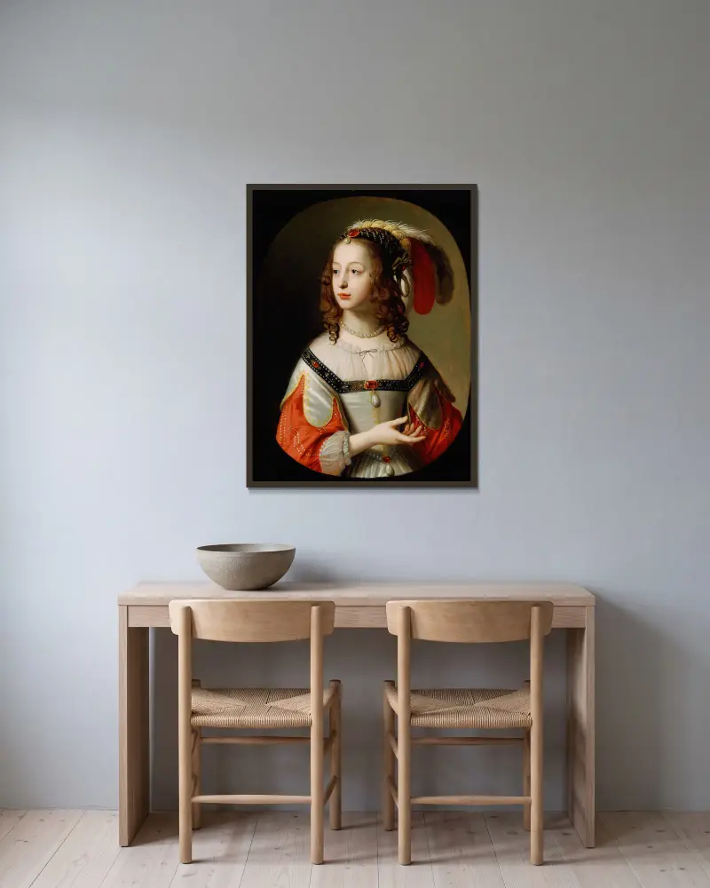 Porträtt av Sofia, prinsessa av Pfalz av Gerard van Honthorst inramad på en vägg