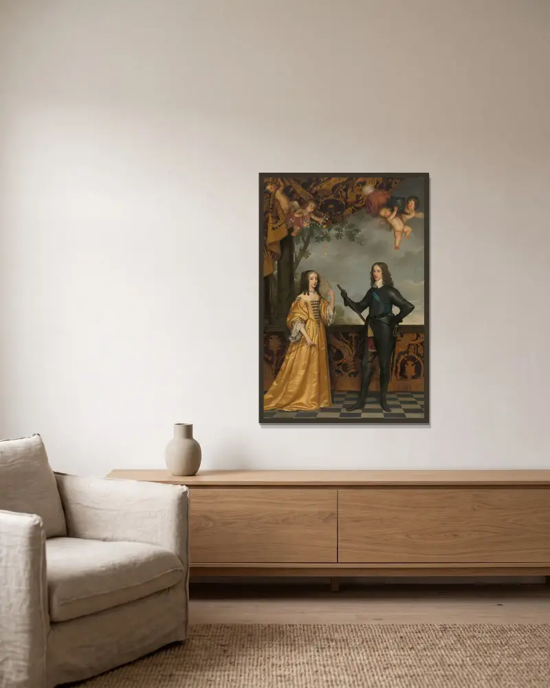 Porträtt av Vilhelm II (1626–1650), prins av Oranien, och hans hustru Maria Stuart (1631–1660) av Gerard van Honthorst inramad på en vägg