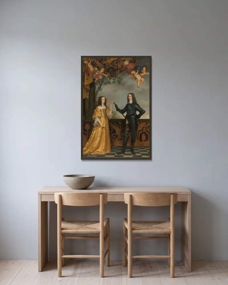Porträtt av Vilhelm II (1626–1650), prins av Oranien, och hans hustru Maria Stuart (1631–1660) av Gerard van Honthorst inramad på en vägg