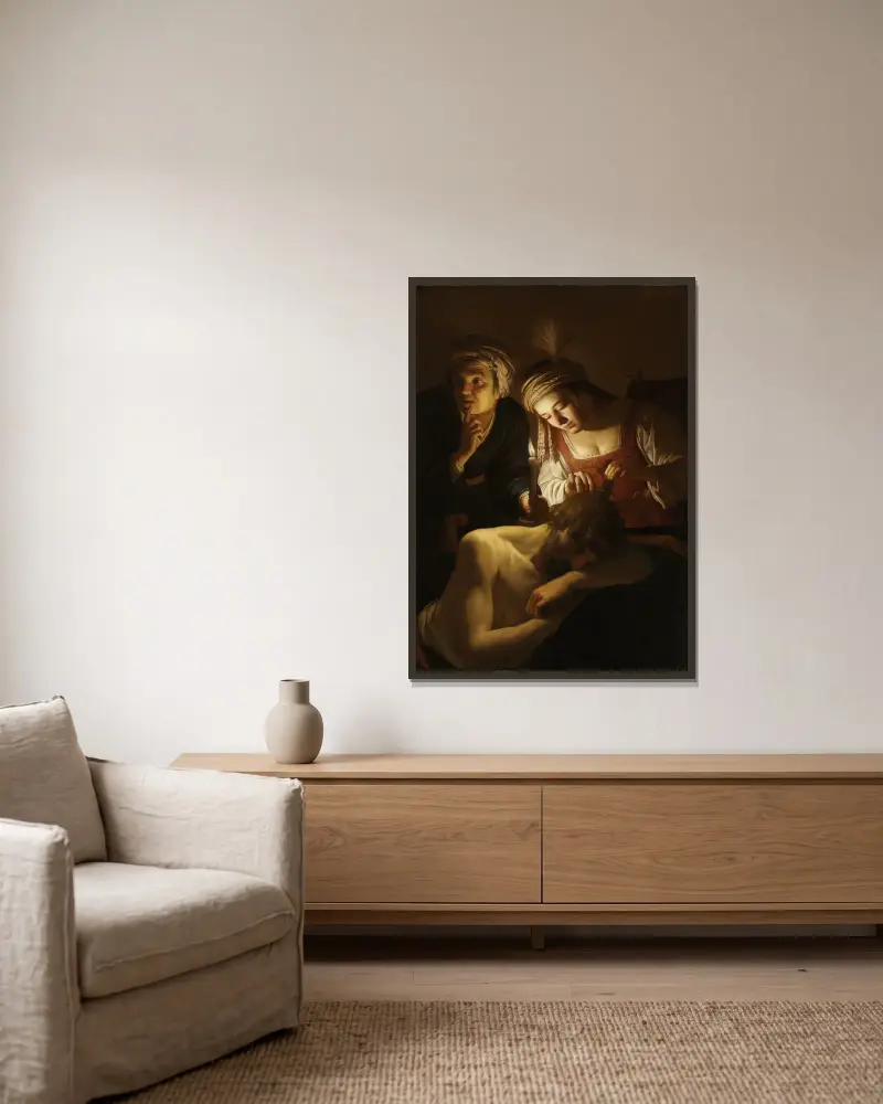 Samson and Delilah av Gerard van Honthorst inramad på en vägg