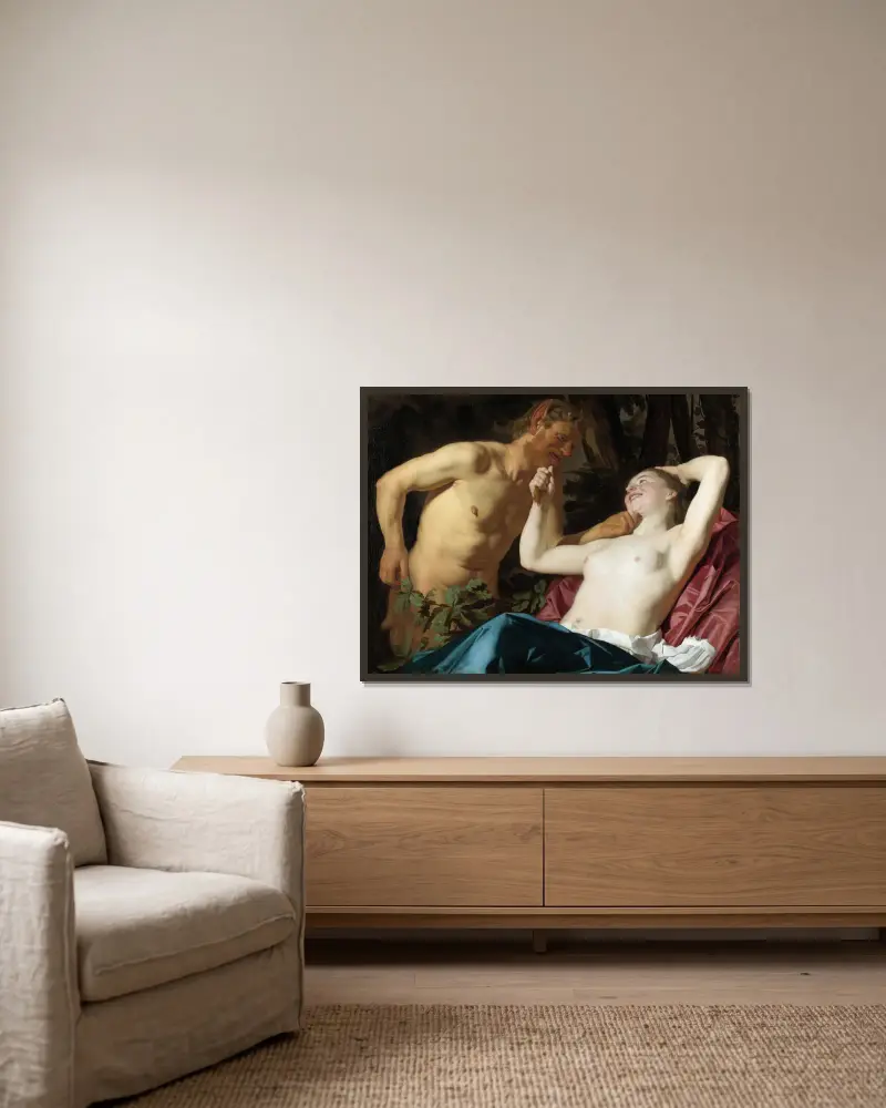 Satyr und Nymphe von Gerard van Honthorst gerahmt an einer Wand